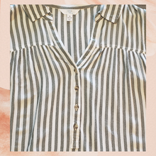 Load image into Gallery viewer, White &amp; Gray Striped Collared Sleeveless Blouse (Pre-Loved) XL
