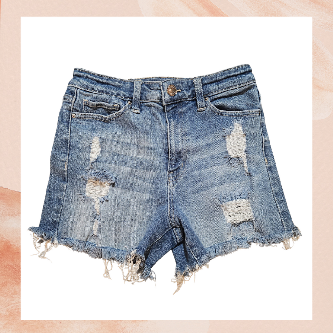 YMI Medium Wash Distressed Frayed Cut-Off Denim Shorts (Pre-Loved) Size 5