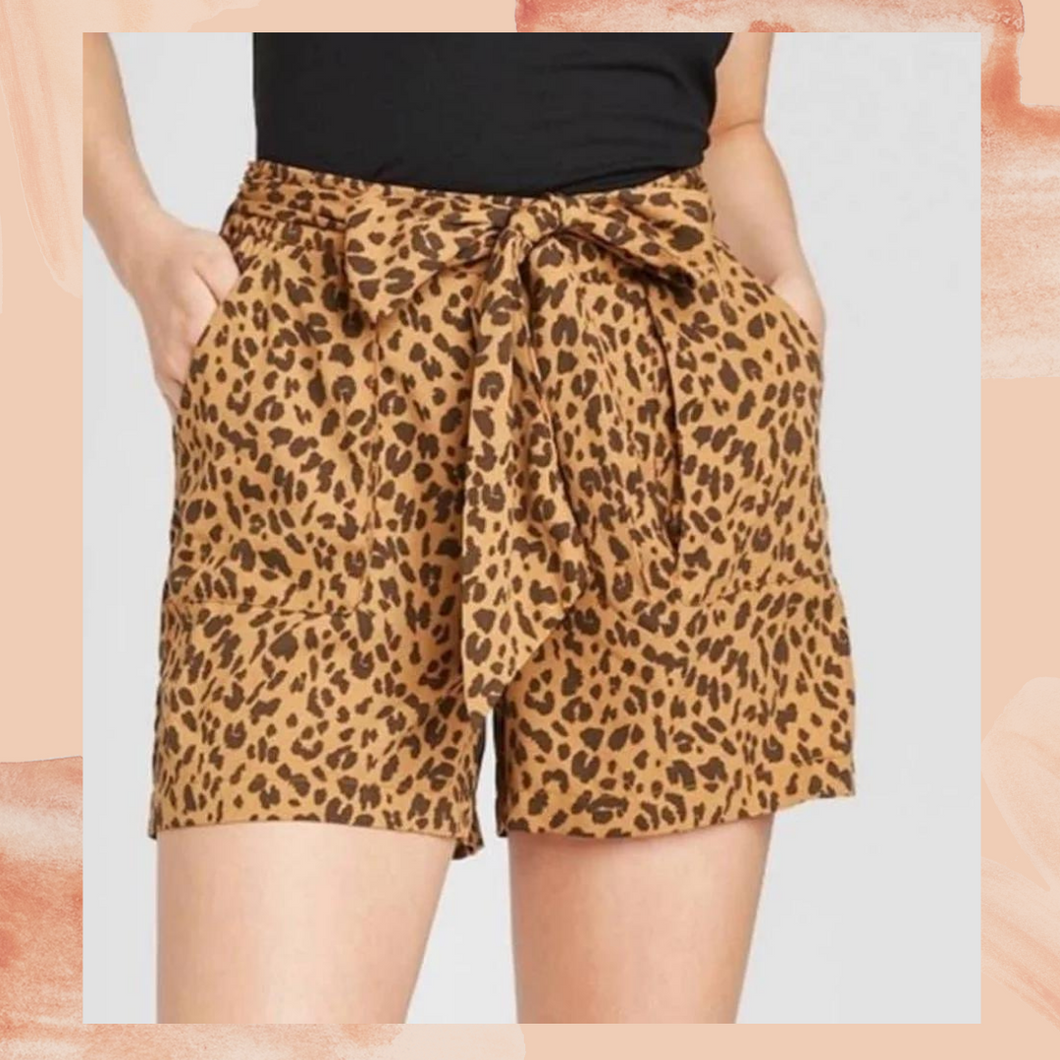 Tan Leopard Waist Tie Shorts Large