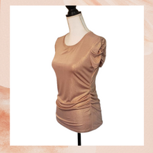 Load image into Gallery viewer, Gold Shimmer Ruched Short Sleeve Blouse Size Small (Pre-Loved)
