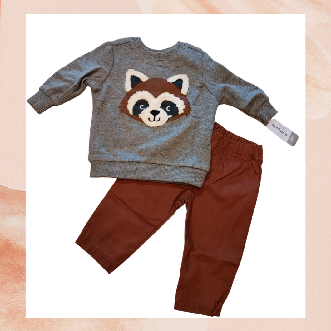 Gray Racoon Pullover Sweatshirt Brown Pants Outfit Months