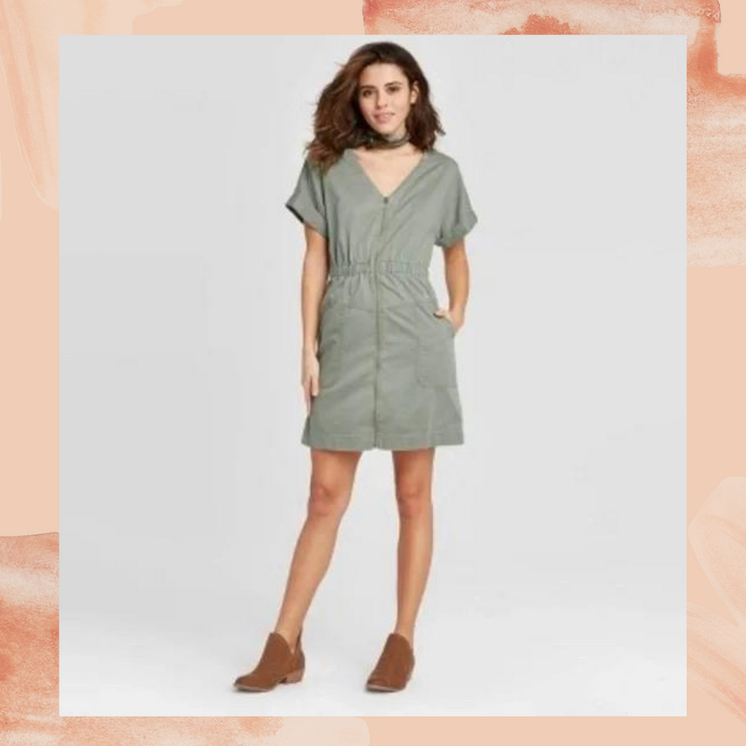 Green Short Sleeve Zip-Up Mini Dress Small