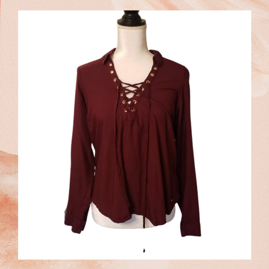 Guess Burgundy Lace-Up Blouse Large (Pre-Loved)