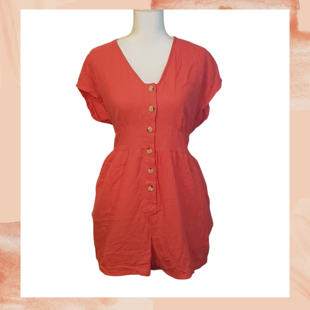 Hot Coral Red Button-Up Romper Large