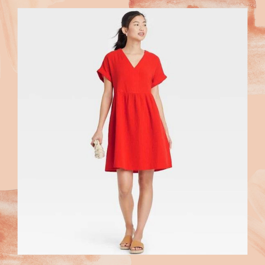 Hot Coral Short Sleeve Gauze Mini Dress X-Large