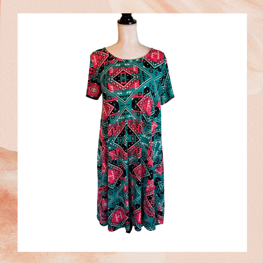 LuLaRoe Coral Pink & Turquoise Aztec Print Midi T-Shirt Dress NWT Size Medium