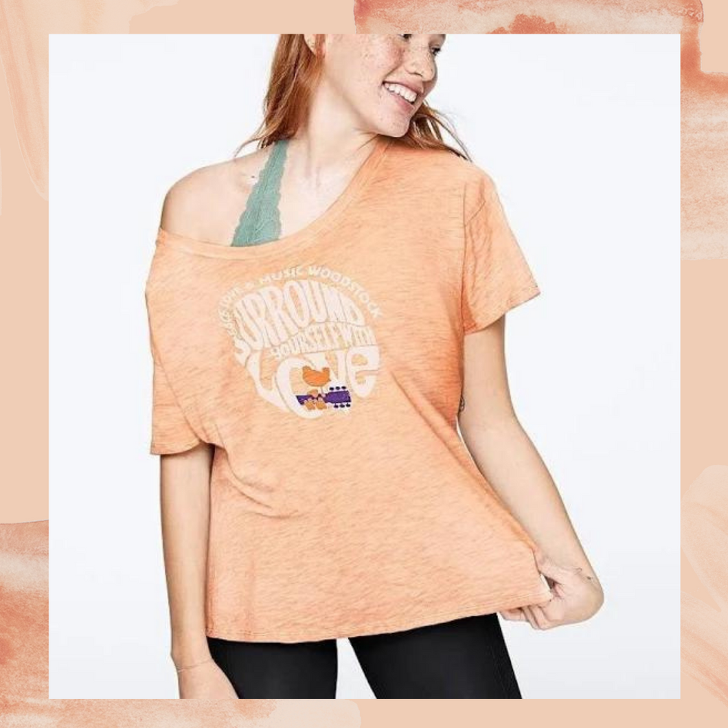 Victoria's Secret PINK Peach Peace Love Woodstock T-Shirt Large