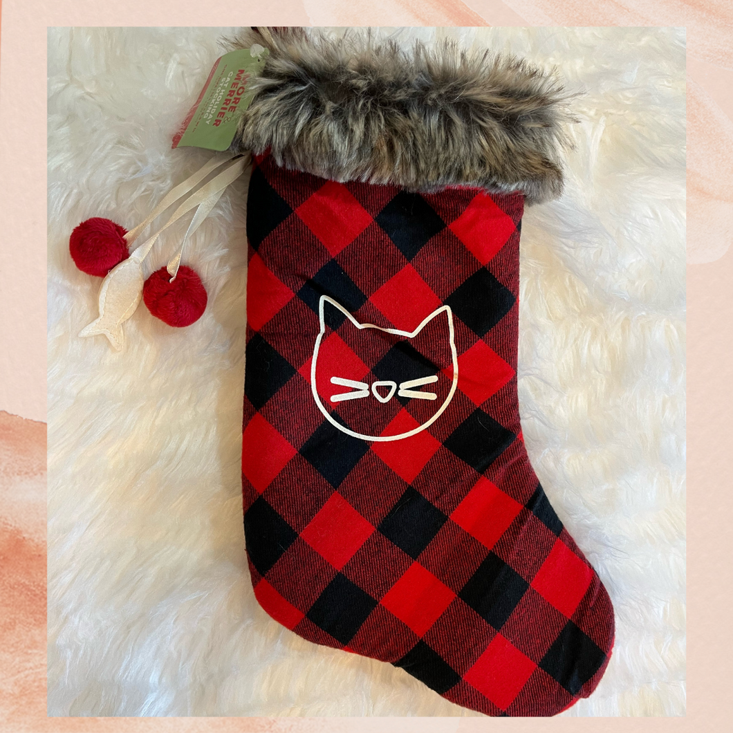 Red & Black Flannel Cat Christmas Stocking NWT