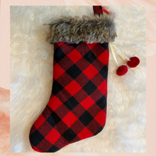 Load image into Gallery viewer, Red &amp; Black Flannel Cat Christmas Stocking NWT
