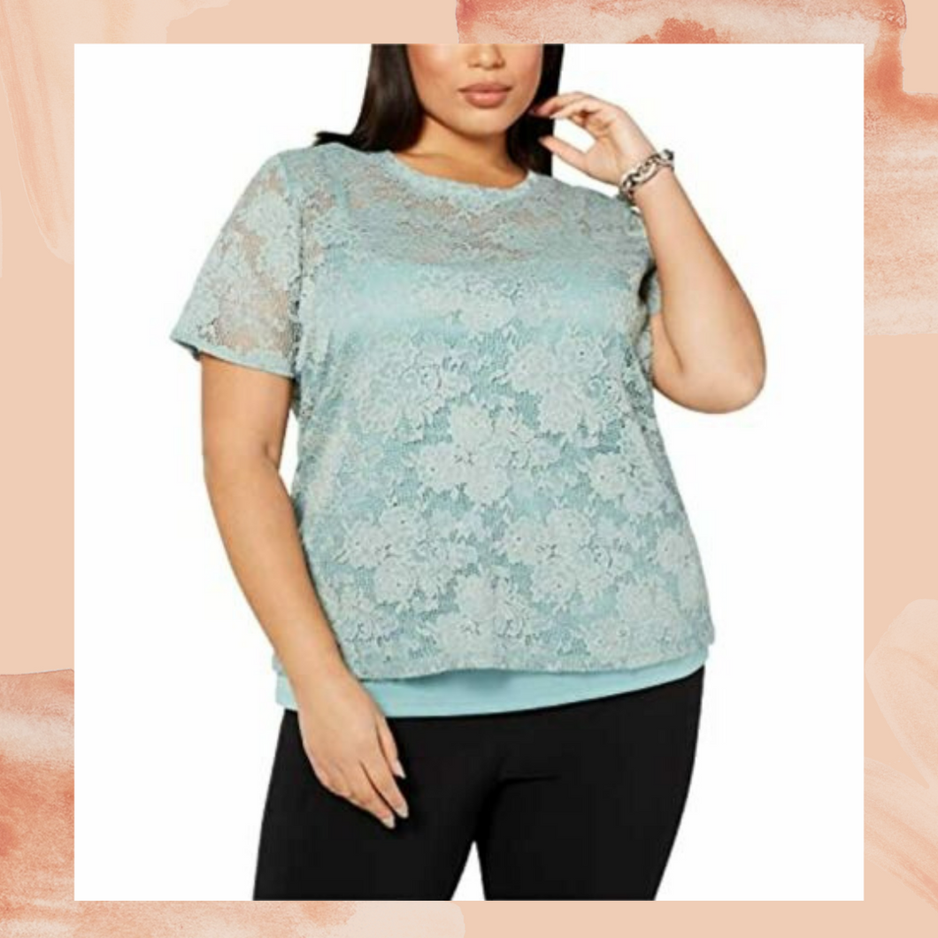 Sage Short Sleeve Lace Overlay & Tank Top 2X
