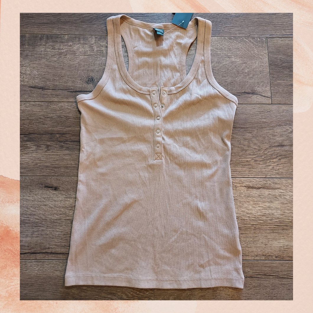 Tan Ribbed Fitted Half Button Tank Top Large