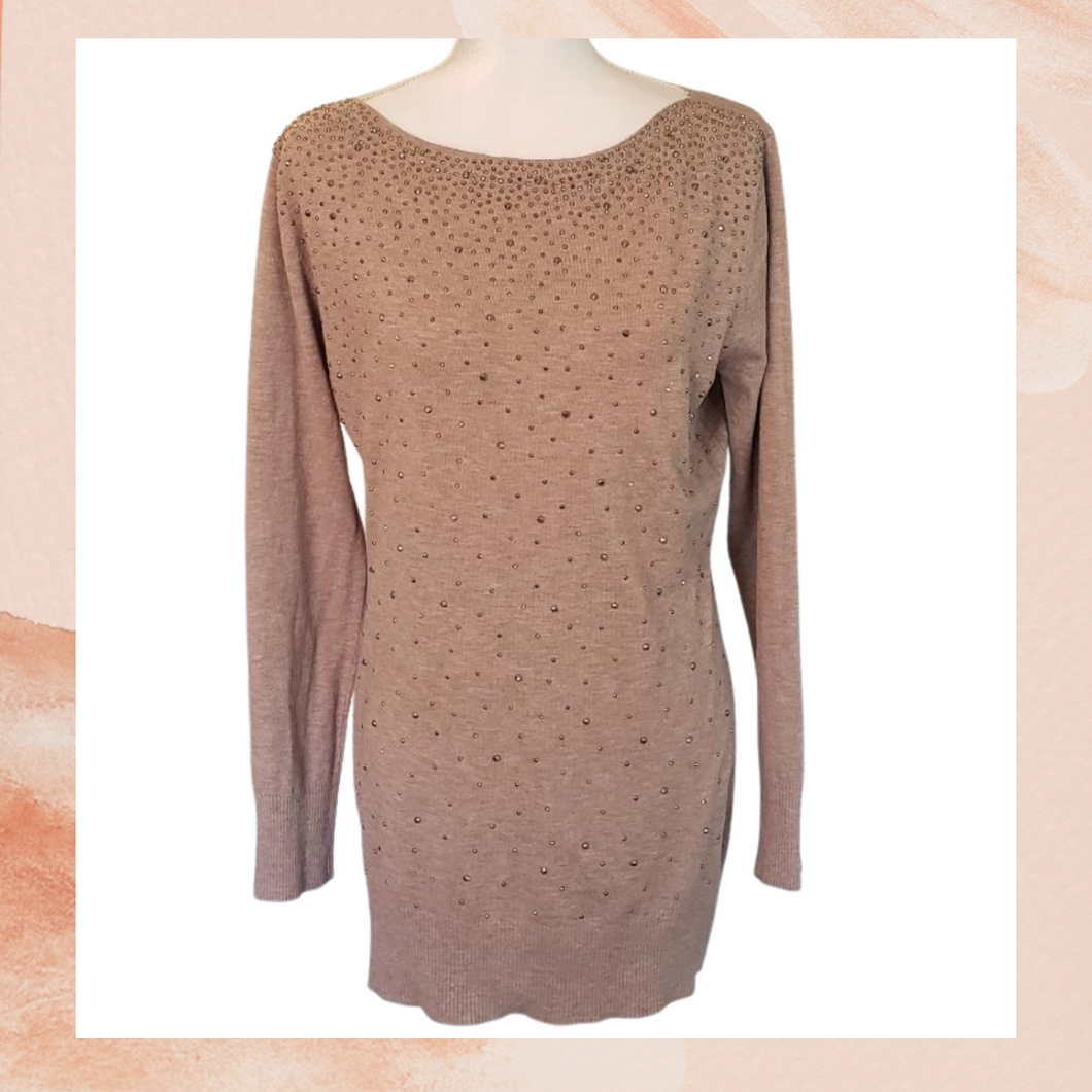 Taupe Embellished Studded Knit Sweater XL