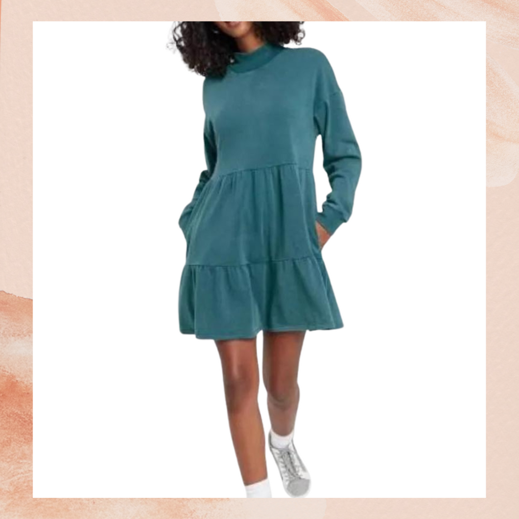 Teal Blue Casual Tiered Sweater Dress Large