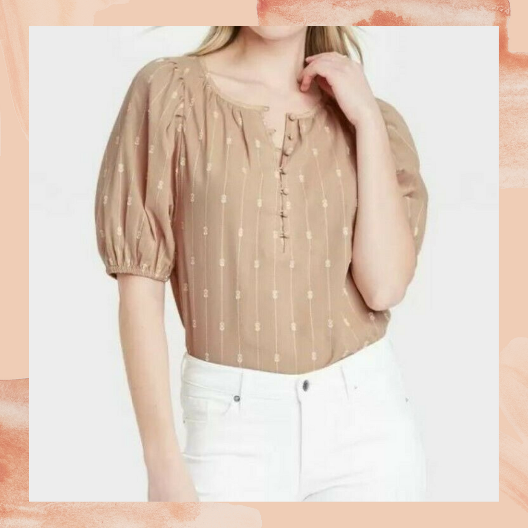 Tan Embroidered Puff Sleeve Blouse Large