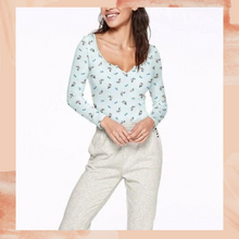 Load image into Gallery viewer, VS PINK Light Blue Floral Long Sleeve Bodysuit Large
