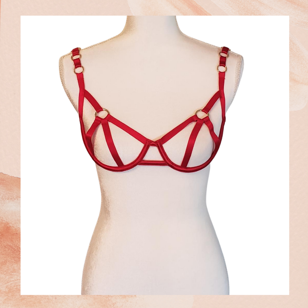 Victoria's Secret Red Satin Balconet Strappy Cut-Out Bra Size Large