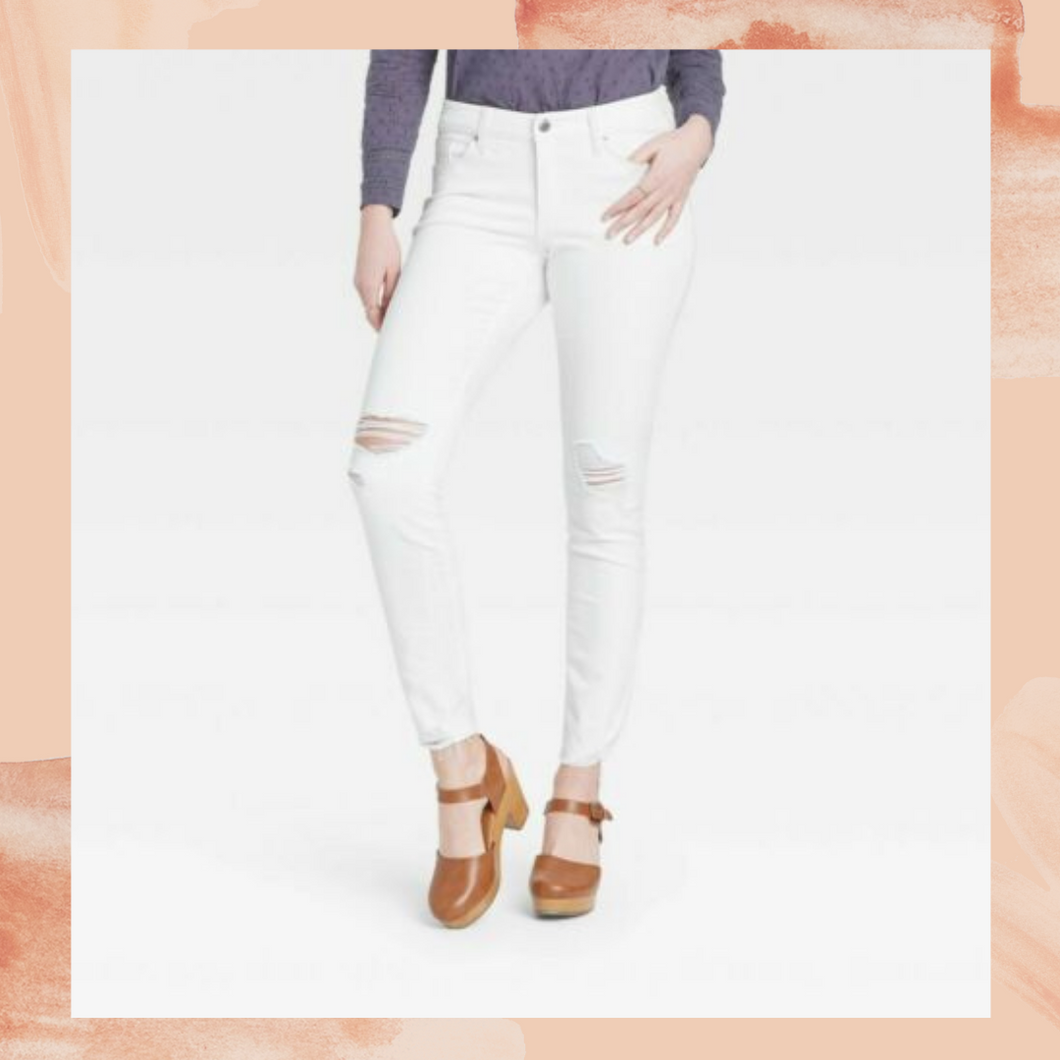 White Destroyed Mid Rise Skinny Jeans 4/27