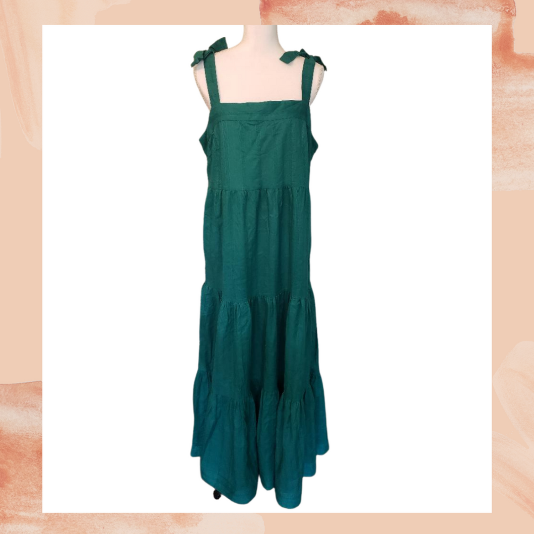 Windward Green Shoulder Tie Tiered Maxi Dress Large